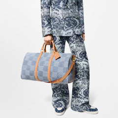 Louis Vuitton Keepall Bandoulière 50 Men's and Women's Detachable Adjustable Shoulder Strap Zipper Closure Denim Step Shoulder Tote Travel Bag Bags #76823