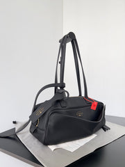 Balenciaga Men's Carrie Black Cowhide Small Bowling Bag with Aged Gold Metallic Accessories Handbag Bags #76257