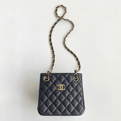 Chanel Mini Tote Diamond Double C Lychee Grain Cowhide Black Gold Double Chain Bucket Mini Tote Crossbody Bag Bags As3176 #76835