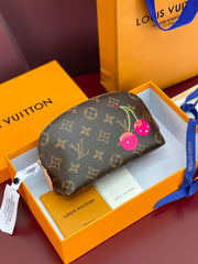 Louis Vuitton LV X TM Women's Brown Letter Print Cherry Pattern Leather Small Makeup Bag Bags #77595