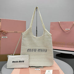 MiuMiu IVY Raffia Women's Solid Color Linen Woven Mesh Letter Print Shopping Bag Shoulder Bags #77355