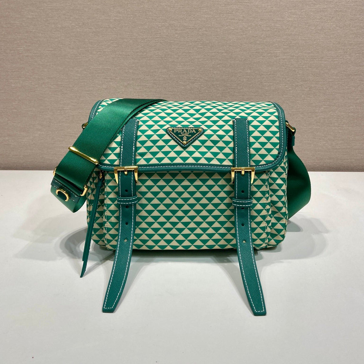 Prada Women's Monogram Printed Classic Triangle Logo Recycled Nylon with Cow Leather Shoulder Bag Bags #75665