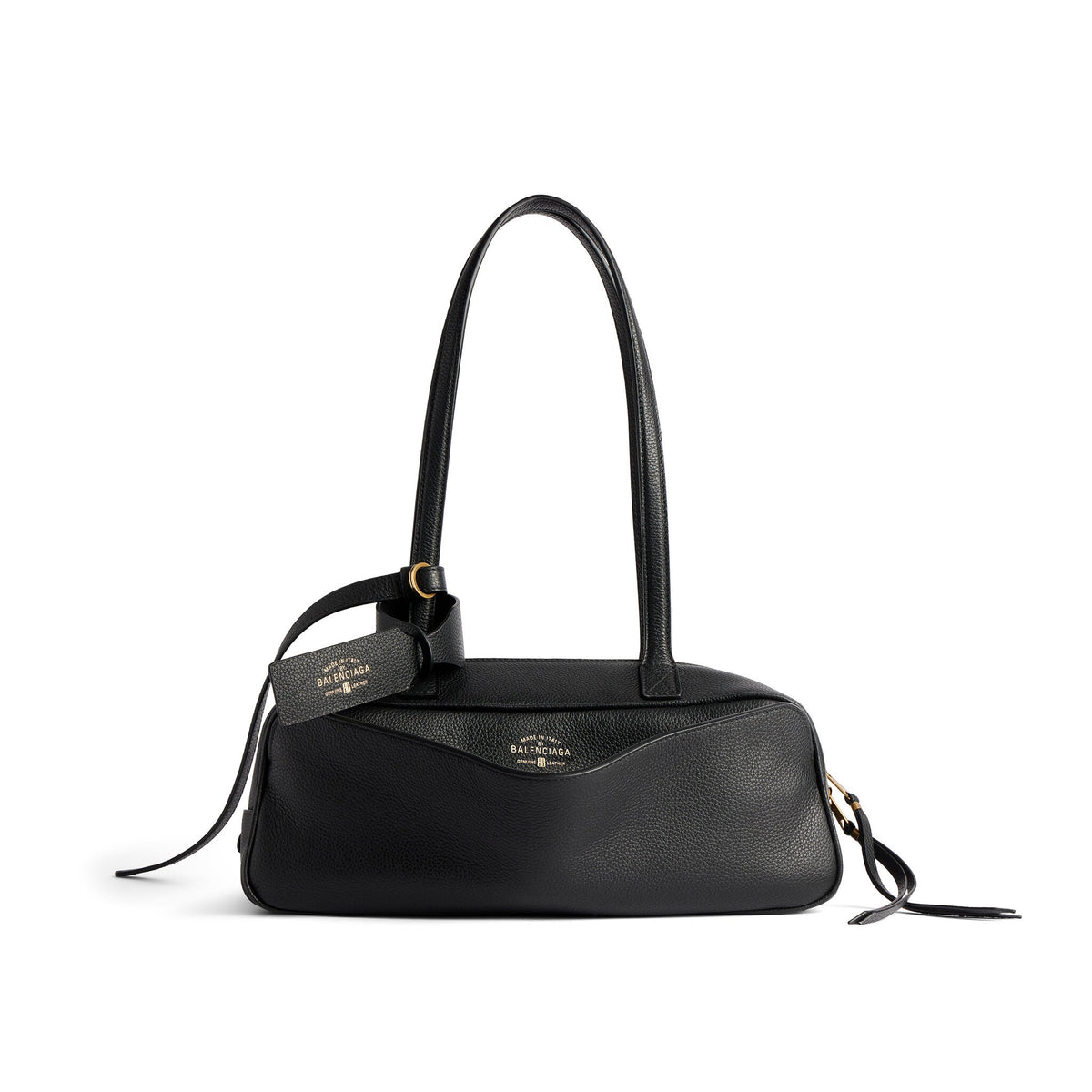 Balenciaga Men's Carrie Black Cowhide Small Bowling Bag with Aged Gold Metallic Accessories Handbag Bags #76257