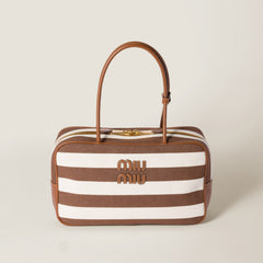 MiuMiu Beau Women's Embroidered Logo Print Striped Canvas And Calfskin Handbag Shoulder Bag Bags #77933