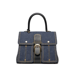 Delvaux Brillant Trench Women's Outer Stitching Solid Color Denim Patchwork Leather Tote Shoulder Bag Bags #76452